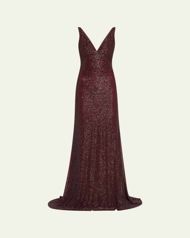 Bead Sequined V-Neck Cowl Back Gown